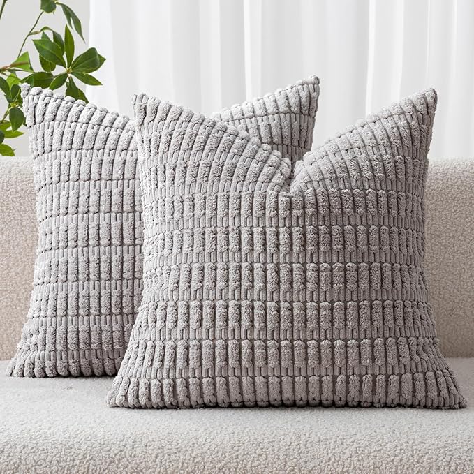 MIULEE Corduroy Decorative Throw Pillow Covers 16x16 Light Grey Pack of 2 | Soft Boho Striped Pillow Covers Modern Farmhouse Home Decor For Sofa Living Room Couch Bed