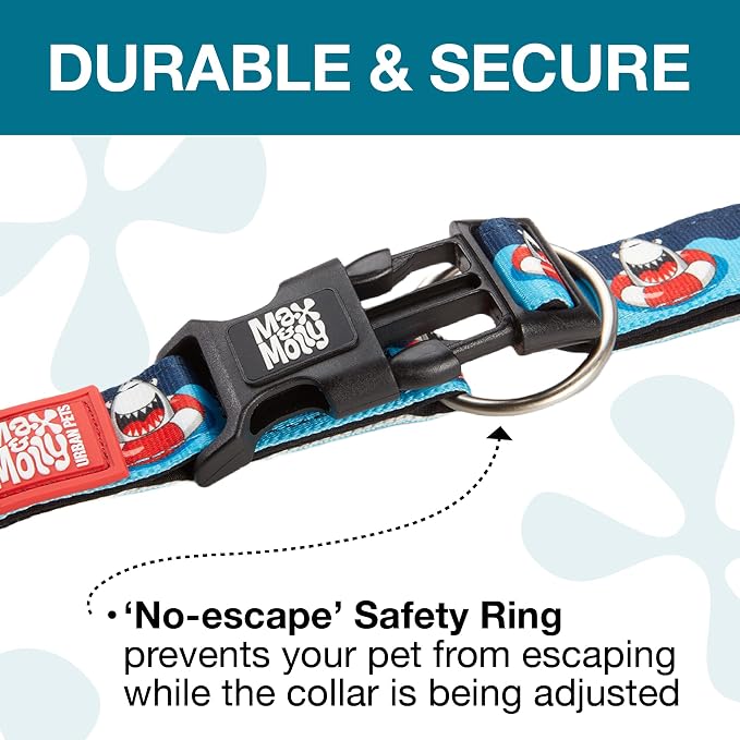 Max & Molly Urban Pets Smart ID Dog Collar - Soft Neoprene, Waterproof, Machine Washable, Power Buckle, Gotcha! QR Tag & Custom App Profile, Sharks, Large