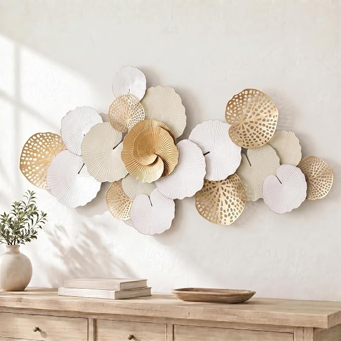 Axioglo 51" Large Wall Decor 3D Lotus Leaf Metal Wall Art for Living Room | 51" x 25" metal wall decor with layered metal texture, mounting hardware, two-way display