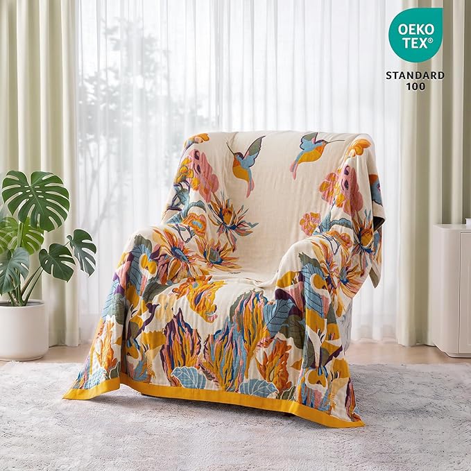 MSGKV Boho Throw Blanket 60"x80" 100% Cotton for Couch Bed, Summer Quilt | 100% Cotton Throw, Summer Blanket, Breathable Lightweight, Farmhouse Home Decor, Soft Comfort, Picnic Blanket