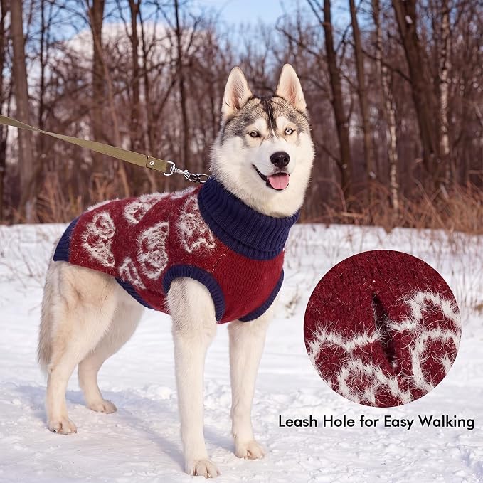 IDOMIK Knitted Dog Sweaters for Large Dogs, Stretchy Dog Winter Sweater,L | Warm Red Dog Sweater with Leash Hole, Cozy Knitwear with Turtleneck, Soft Sleeveless Dog Clothes for Holiday Christmas