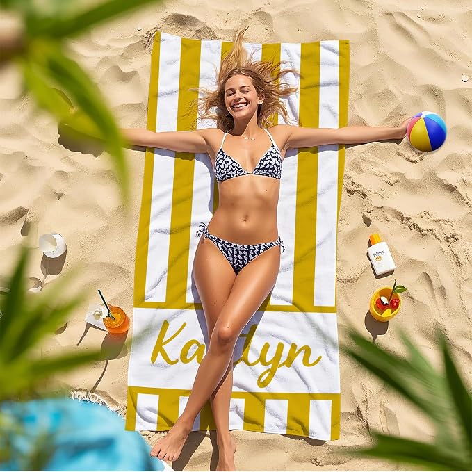 JML Personalized Beach Towel with Name, Custom Cabana Stripe Beach Towel, Customized Microfiber Pool Towel, Quick Dry & Absorbent Swim Towel for Adult,Anniversary, Birthday, Summer Holiday,Vacation
