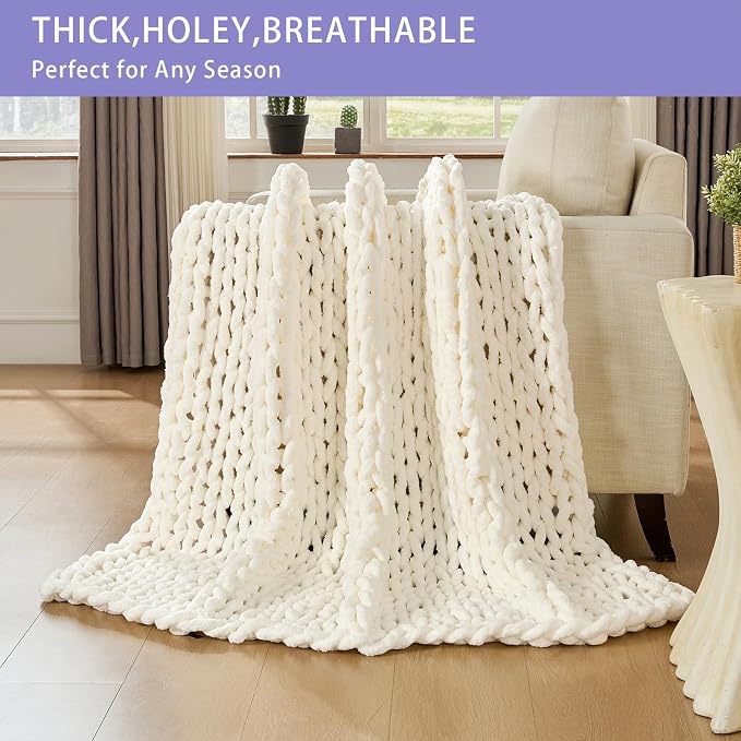 Bigacogo Chunky Knit Throw Blanket for Couch, 80x90 inches, Ivory | Hand Knit with Jumbo Chenille, Soft Breathable Cable Knit for Sofa Bed Living Room, Machine Washable, Gift for Mom Friend