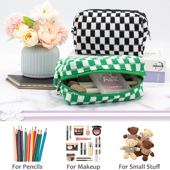 PAZIMIIK Checkered Makeup Bag for Purse Portable Zipper Make Up Pouch Small Cosmetic Case for Travel Accessories (2PCS Green)