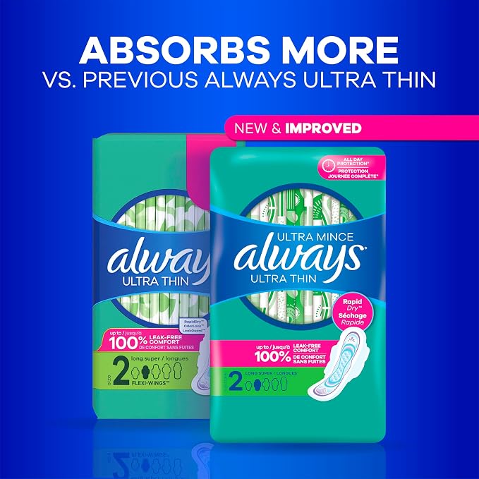 Always Ultra Thin Feminine Pads with Wings for Women, Size 3, Extra Long Super Absorbency, Unscented, Up to 100% Leak-Free Protection,84 Count (Pack of 2)