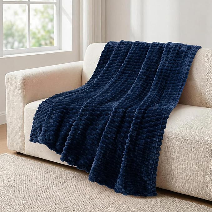 Vessia Flannel Fleece Throw Blanket(50x70 inch), 3D Jacquard Navy Blue Fuzzy and Warm Blanket for Couch, Sofa, Bed, Chair, 300GSM Super Soft Touch Cozy Lightweight Throw for All-Season Home Decor