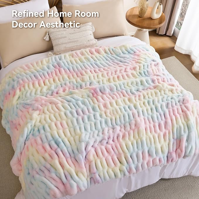 Rainbow Fluffy Blanket for Couch - Luxury Faux Rabbit Fur 60"x80" | Ultra Soft & Plush Comfort Ruched Blanket, Cozy Fuzzy Colorful Throw for Sofa & Bed, Great Gift for Women, Rainbow Room Decor