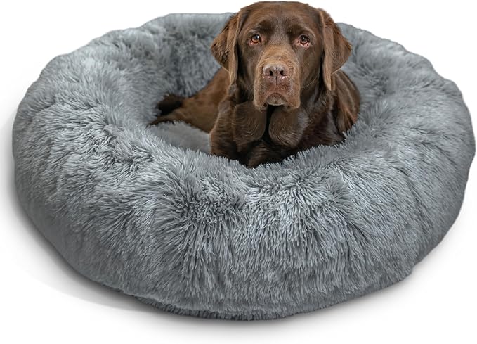 Best Friends by Sheri Original Calming Donut Dog Bed, Gray, Large, 36" | Machine-Washable Cover, Shag Faux Fur, Orthopedic Support, Sense of Security, Water-Resistant Base, Large Dogs Up to 100 lbs