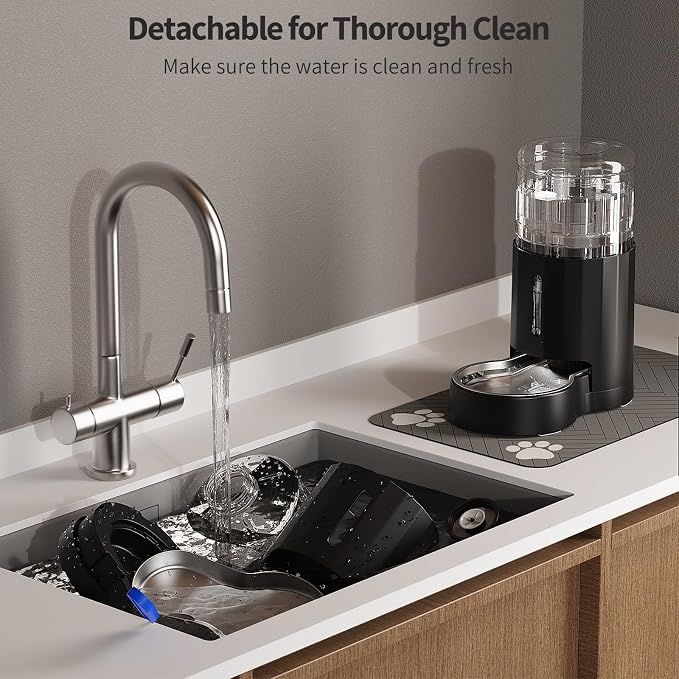 JUNSPOW Cat Water Dispenser with Placemat & Stainless Steel Bowl (4L Black) | Automatic Gravity Water Dispenser for Cats or Small Medium Size Dogs, Large Capacity, Easy to Clean