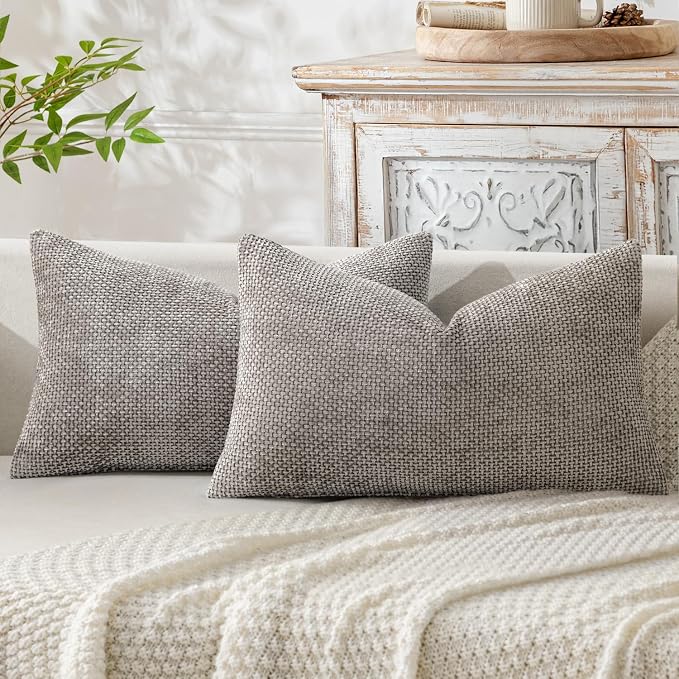 MIULEE Decorative Lumbar Throw Pillow Covers 12x20 Inch Light Gray 2 Pack | Modern Boho Accent, Soft Chenille Pillow Covers, Farmhouse Cushion Cases for Couch Bed Sofa Living Room Home Decor