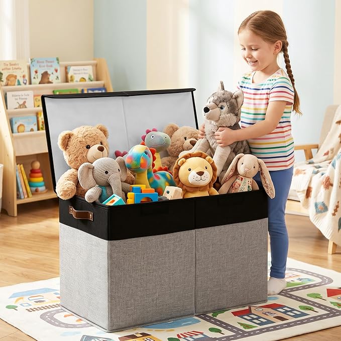 Large Toy Storage Box with Lids, Collapsible Sturdy Baby Storage Organizer Chest Bin Basket for Kids, Boys, Girls, Playroom, Nursery, Bedroom, Closet 25"x13"x16" (Gray and Black)