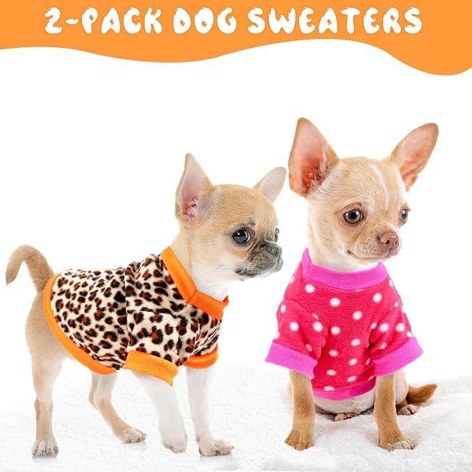 2 Pieces Dog Sweaters for Small Dogs Girl Fleece Puppy Sweater for Chihuahua Yorkie Clothes Soft Warm Dog Clothes Doggie Pet Outfit Apparel Polka dots Leopard Print, Medium