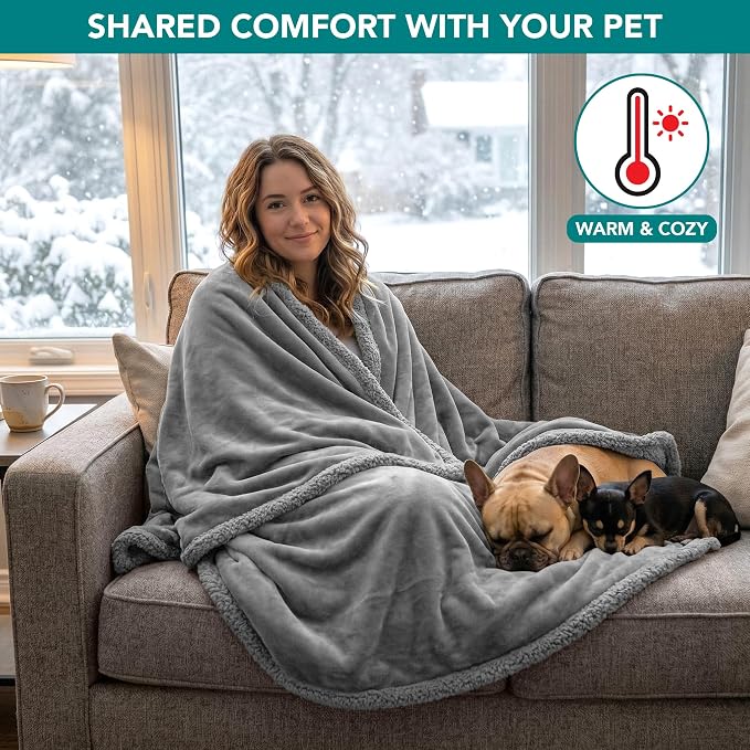 PetAmi Waterproof Dog Blanket for Small Dog Puppy Cat, 29x40, Light Grey | 460 GSM Sherpa Fleece Reversible, Pee Proof Pet Blanket, Furniture Protector Cover for Couch Sofa Kennel, Washable
