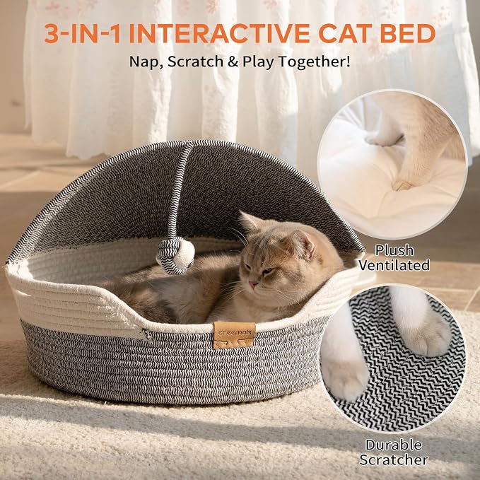 CHEERPALS Cat Basket Bed with Washable Cushion and Ball Rope Cotton, Covered Pet Bed for Indoor Cats Cave Bed Hooded, Stimulicat Cat Bed Handwoven Breathable, All Season Universal(Blue)