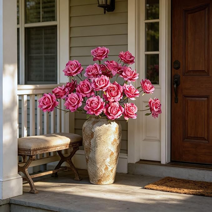 INXUGAO Artificial Flowers Fake Roses for Outdoor, 6Pcs 28" Long Stem Silk Roses for Wedding Indoor Outside Party Decor, Realistic Faux Bouquet for Tall Vase Planter (Fuchsia)