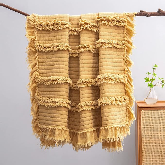Ultra Soft Pre-Washed Quilted Boho Yellow Twin Size Blankets for Bed, Ruffle Fringed Decorative Throw, Stone Washed Chic Rustic Blanket for Sofa Couch Bed, 60"*80"
