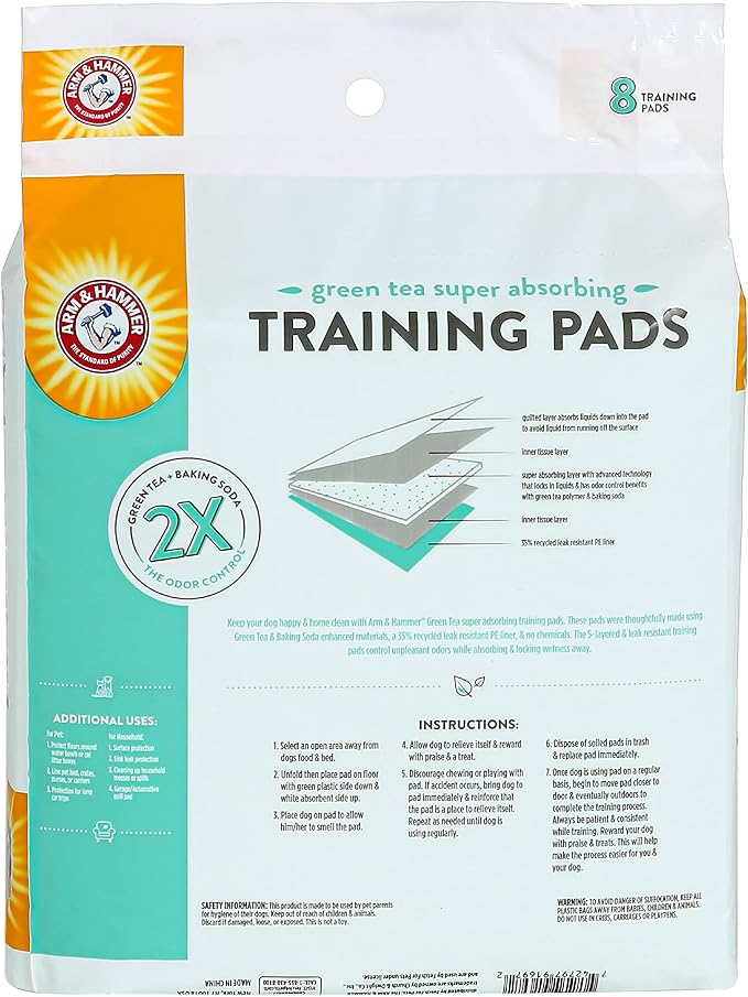 Arm & Hammer Green Tea Pet Training Pads, 8 Count | Super absorbent, baking soda infused, 2x odor control, 5-layer leak-proof design, 22.5 x 22.5 in, daily