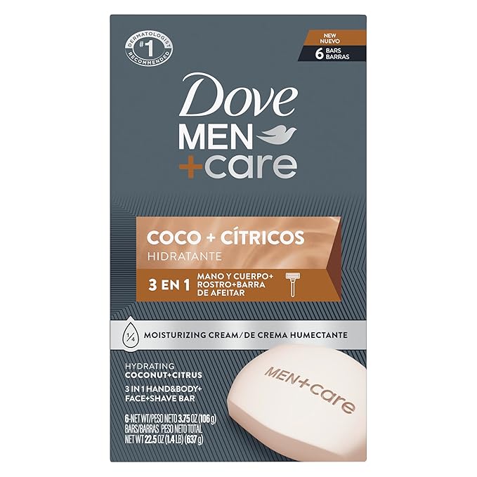 Dove Men+Care Hidratante Coco + Cítricos Hand & Body Face + Shave Bar 6 Count for Hydrated Skin 3.75 oz