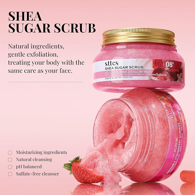 Sttes Smell Rio Shea Sugar Body Scrub 08 (Delicious Pink Dragonfruit) – Tropical Fruit Scent Shower Treatment 250g