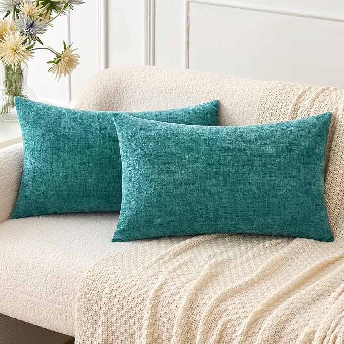 MIULEE Soft Chenille Lumbar Throw Pillow Covers Teal 12x20 Inch Pack of 2 | Modern Home Decor, Classic Decorative Pillows, Solid Dyed Cases, Boho Couch Cushion Covers for Sofa Bed Living Room