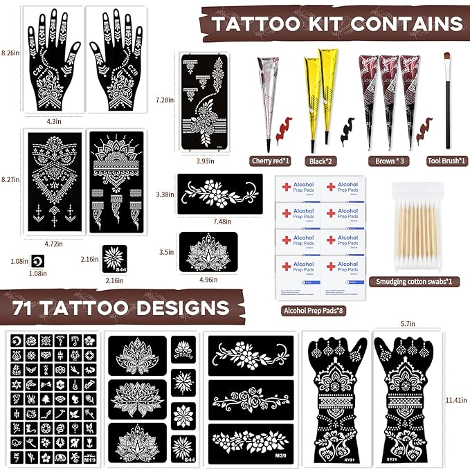 Temporary Tattoo Stencil Kit 10 Sheets, 6 Pcs Tattoo Cones 3 Color (Black/Brown/Cherry Red) with Brush/cotton swabsTool, India Art Skin Painting Designs for Women Men Kids DIY Gifts
