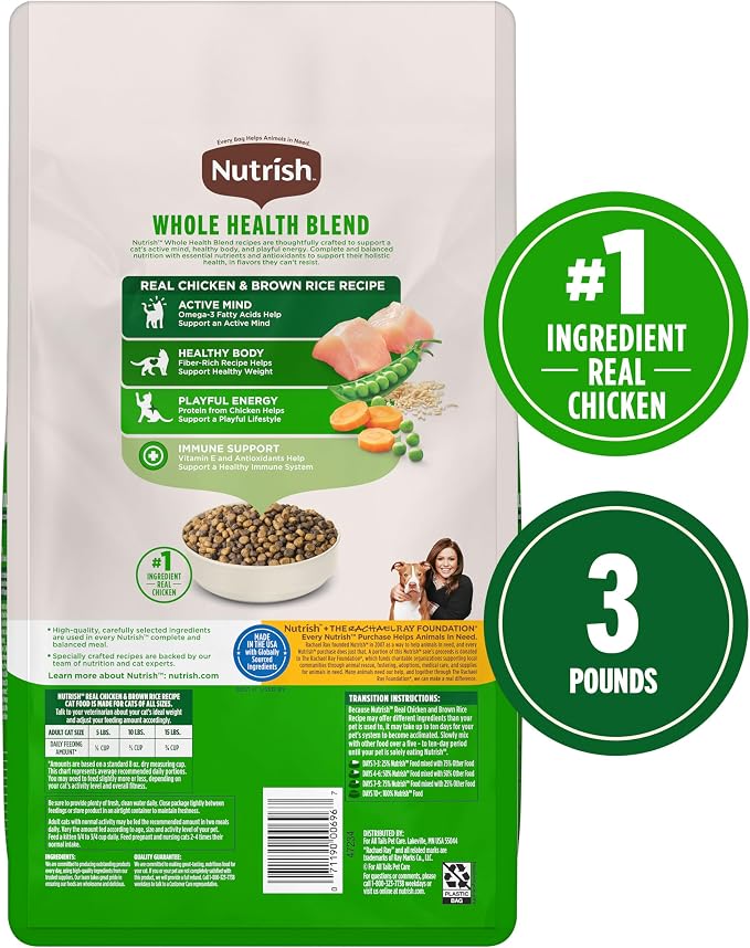 Nutrish Dry Cat Food, Chicken & Brown Rice Recipe, 3 lb. Bag (Rachael Ray) | Suitable For All Life Stages, Veterinarian Reviewed Formula, Natural Food with Added Vitamins, Minerals & Nutrients