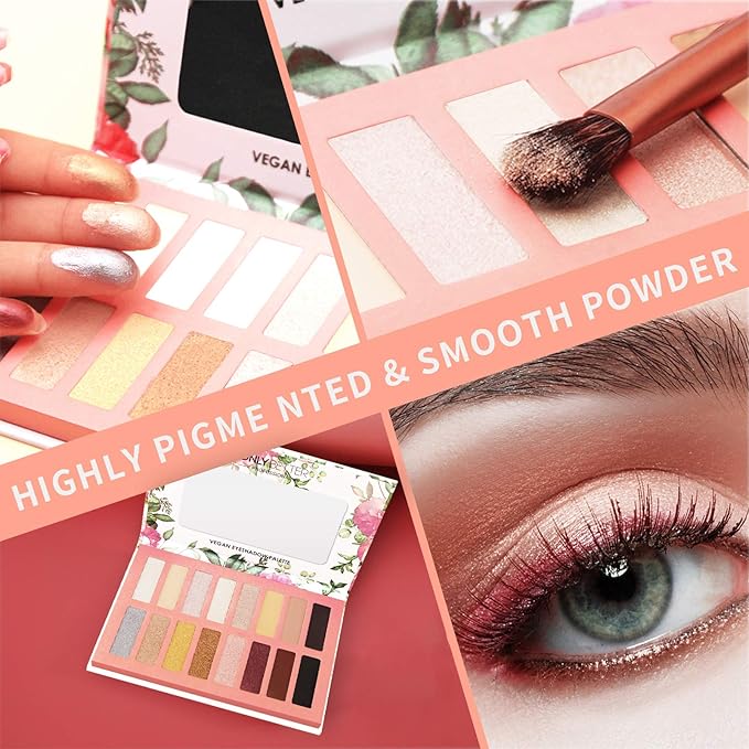 Vegan Brown Eyeshadow Palette with 16 Shades - High Pigment, Easy to Blend - Metallic & Shimmer Nude Shades - Long Lasting, Sweatproof & Waterproof