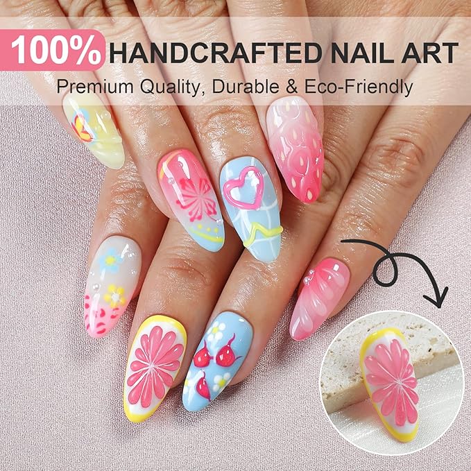Handmade Press On Nails Almond - French Tips with 3D Flowers Water Rhinestone Design Short Nails, Salon-Quality Reusable, 10Pcs Includes Adhesive Pads & Nail File, Holiday Gifts & Party