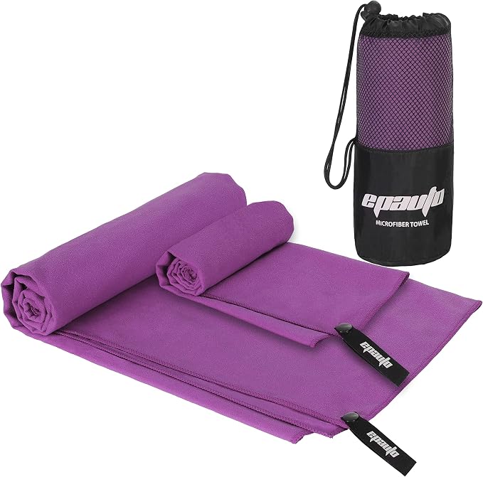 EPAuto 2-Pack Microfiber Quick Dry Towel Set - Lightweight, Super Absorbent & Compact Travel Towels (60"x30" & 24"x15") for Gym, Camping, Beach, Yoga & Backpacking, Purple
