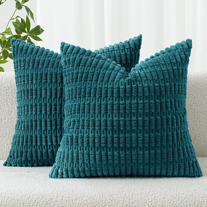 MIULEE Corduroy Decorative Throw Pillow Covers 16x16 Teal Pack of 2 | Soft Boho Striped Pillow Covers Modern Farmhouse Coastal Home Decor For Sofa Living Room Couch Bed