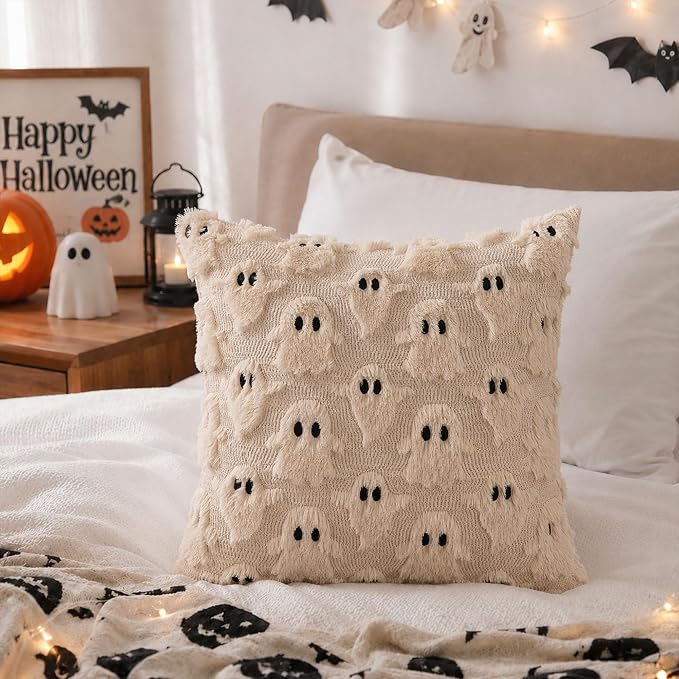 DFXSZ Halloween Pillow Covers 16x16 inch 2Pcs Beige Ghost Halloween Decor | Halloween Decorations Set of 2 Throw Pillow Cases Plush Faux Fur Wool Cushion for Chair Sofa Bedroom Living Room Home Decor