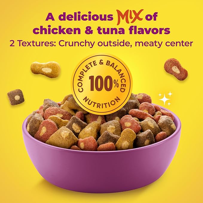 Meow Mix Tender Centers, Dry Cat Food, Chicken & Tuna Flavors, 4 Bags | 3-lb bags, two texture kibble, meaty center surrounded by a crunchy outer layer, basted bites for irresistible flavor