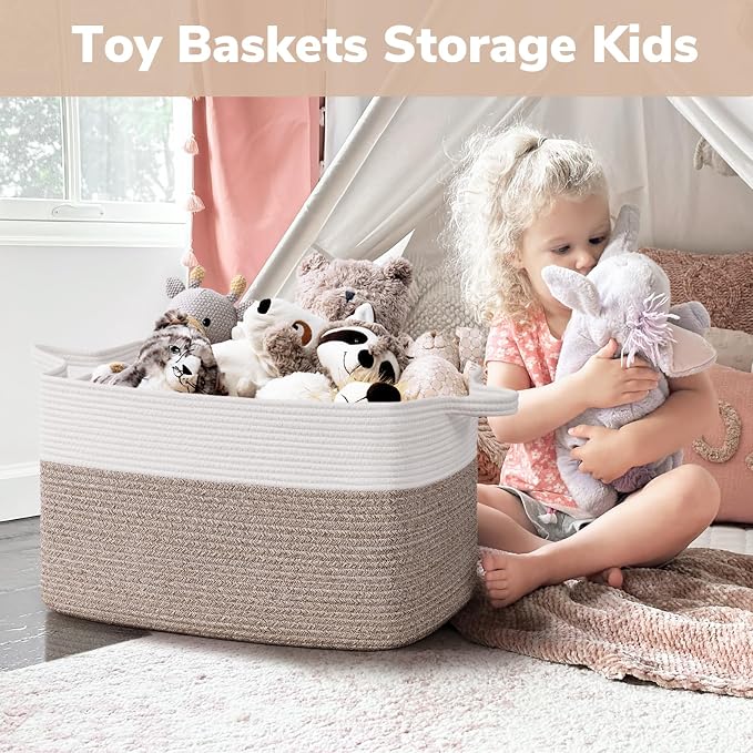 Goodpick 75L Extra Large Woven Blanket Basket, 22" x 17" x 12", Brown | Decorative Storage Basket for Blankets, Toys & Clothes, Cotton Rope Basket for Living Room & Bedroom, Built-In Handles