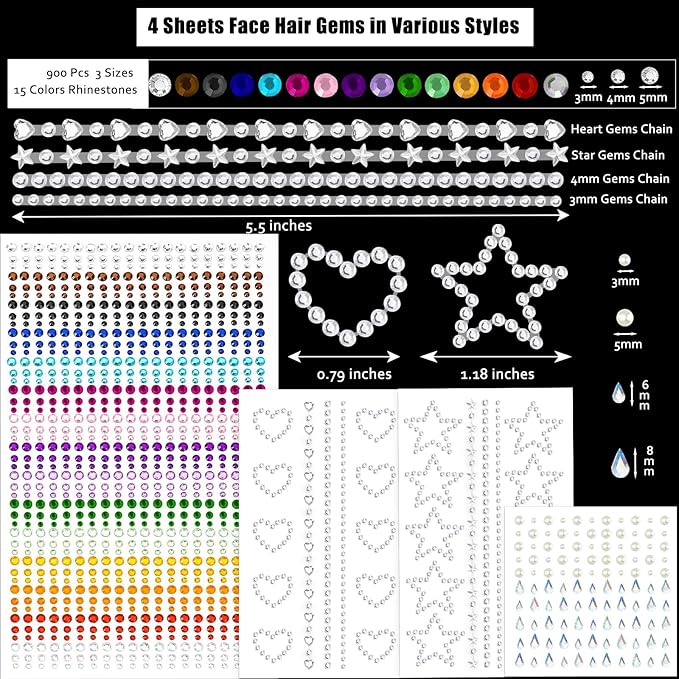 1038 Pcs of Hair Face Gems Rhinestones Pearls Stick on 15 Colors Hearts Star Gems Stickers Self Adhesive Face Hair Jewels, Stick on Rhinestones Pearls Stickers for Hair, Face, Festival Makeup, Crafts