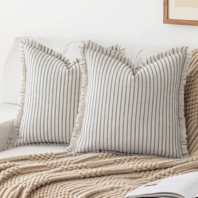 YEENAASY Throw Pillow Covers 20x20 Boho Striped Pillow Cases with Tassel | Set of 2 Fringe Pillow Cover Farmhouse Cushion Covers Neutral Pillows Decorative Square Pillowcase for Couch Sofa Bed, Grey