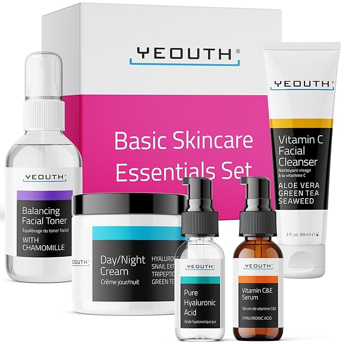 YEOUTH Skin Care Set: Hyaluronic Acid Serum for Face | Vitamin C Facial Serum | Face Cleanser | Skincare Toner & Cream | Hydrating Valentine's Day Skin Care Gift Set 5-Piece