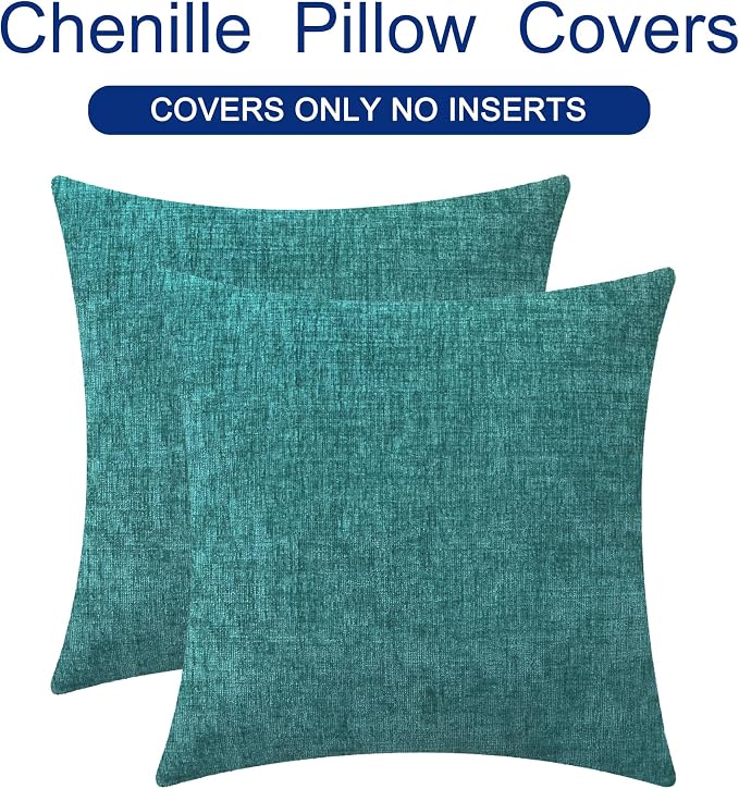 CaliTime Decorative Couch Throw Pillow Covers 22 X 22 Inches Teal | Pack of 2, Cozy Chenille Cushion Cases for Sofa Bed Living Room Farmhouse Home