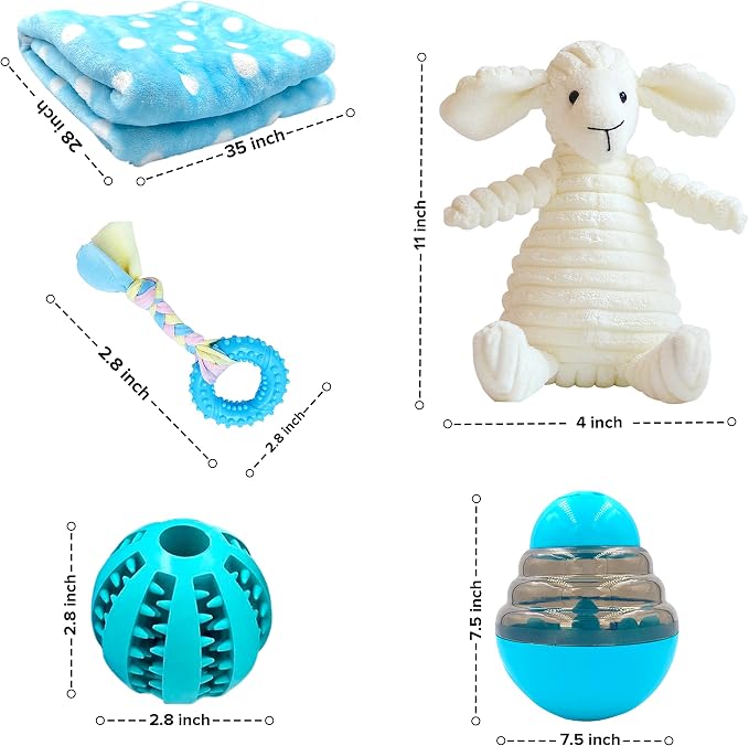 Puppy Starter Kit – 5pc Dog Toy Gift Set for Small Dogs – New Puppy Essentials Gift Box with Blanket, Squeaky Plush, Teething Ring, Treat Ball & Chew Ball (Blue)
