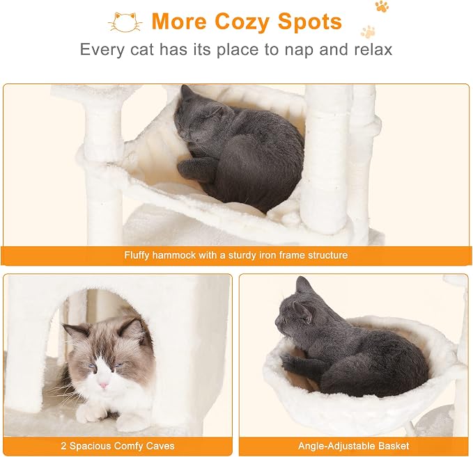 Heybly Cat Tree, 70 inches Tall Cat Tower for Indoor Large Cats HCT032M | Big Cat Condo with Toy , Cat House Furniture with Padded Plush Perch, Cozy Hammock and Sisal Scratching Posts, Beige