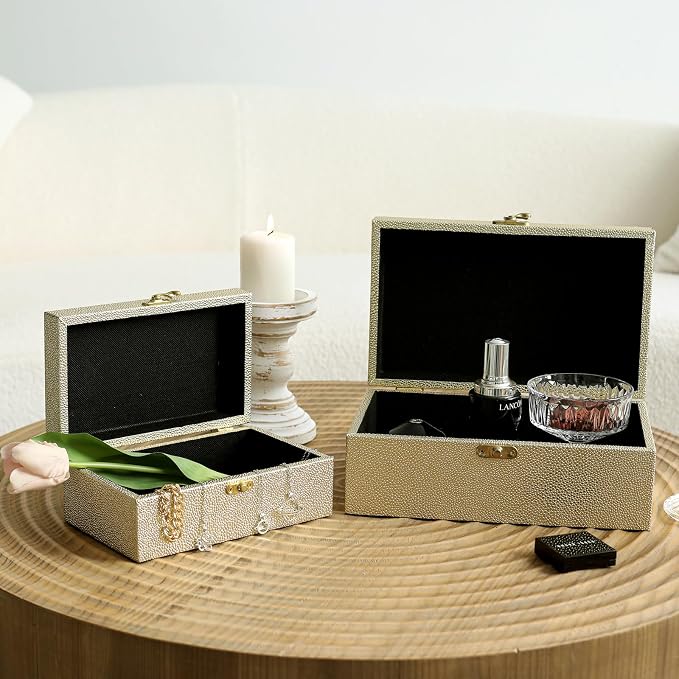 DECOR4SEASON Faux Leather Decorative Storage Boxes Set of 2, Gold | For Keeping Precious Keepsakes, Trinkets, Jewelry And Other Small Items Organized