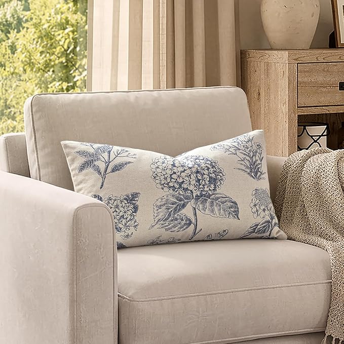 Set of 2 Lumbar Floral Pillow Covers 12x20 Inch Light Blue | Decorative Neutral Hydrangea Print, Boho Vintage Throw Pillows, Cottagecore Home Decor, for Sofa Couch Porch Bed Living Room