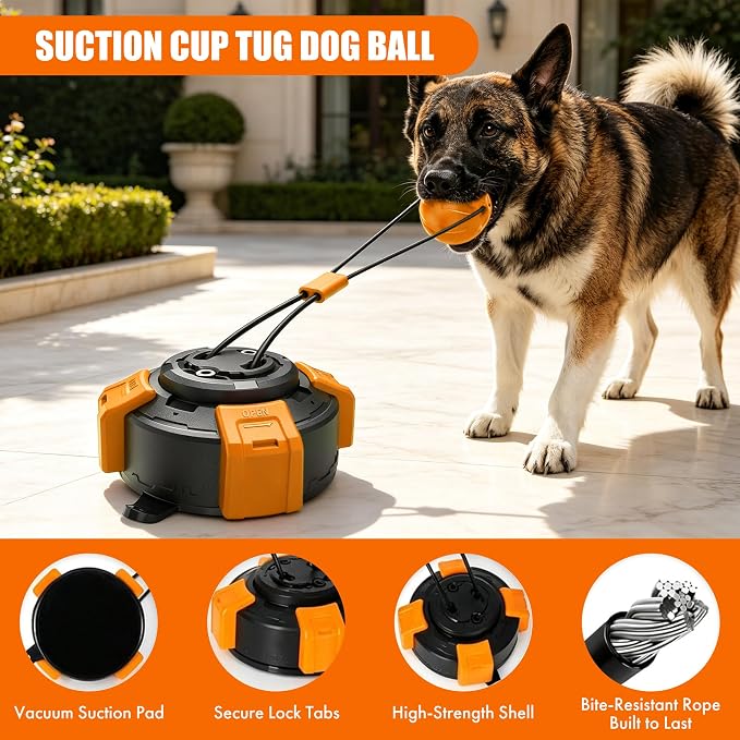 Suction Cup Dog Tug of War Toy for Aggressive Chewers, Interactive Self Play Chew, Puppy Teething Enrichment Puzzle for Mental Stimulation, Dogs Indoor Outdoor (Yellow)