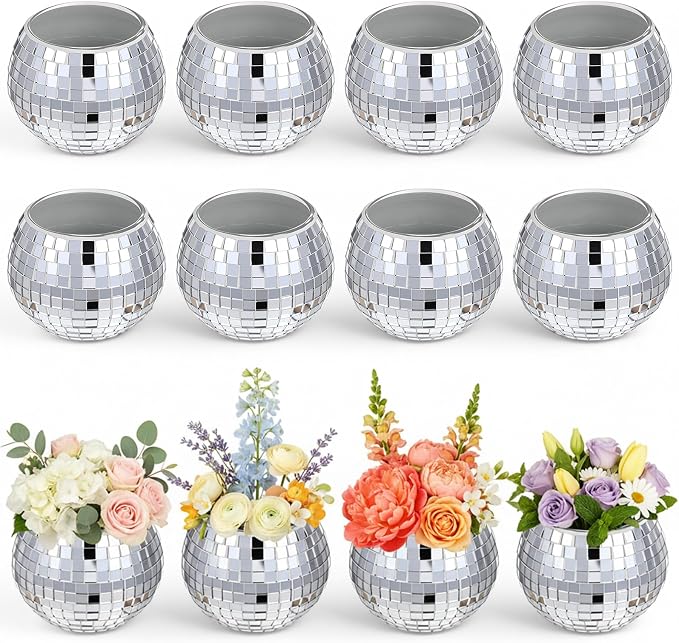 12 PCS Disco Ball Candle Holder, 6.6x4.9cm Disco Ball Party Decorations Multifunctional Discos Flower Vase for Wedding Centerpieces,Birthday,Office,Bedroom Decor