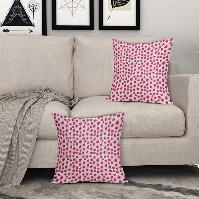 Hot Pink Cream Pillow Covers 18x18 Set of 2 Boho Design Polka Dot Throw Pillows Modern Brush Strokes Print Decorative Outdoor Pillowcase Square Cushion Cover Linen Pillow Case for Home Sofa Couch Bed
