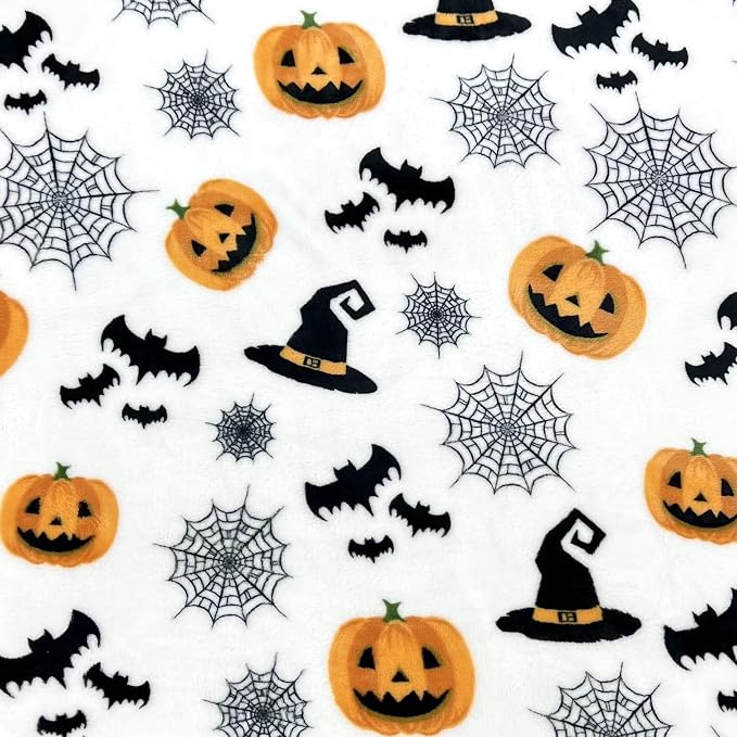 Halloween Fleece Throw Blanket, Witch Hat, Bats, Webs & Pumpkins, 50x60 in | Ultra-soft cozy flannel fleece, for sofa couch bed chair & dorms, spooky Halloween décor, durable and machine washable.