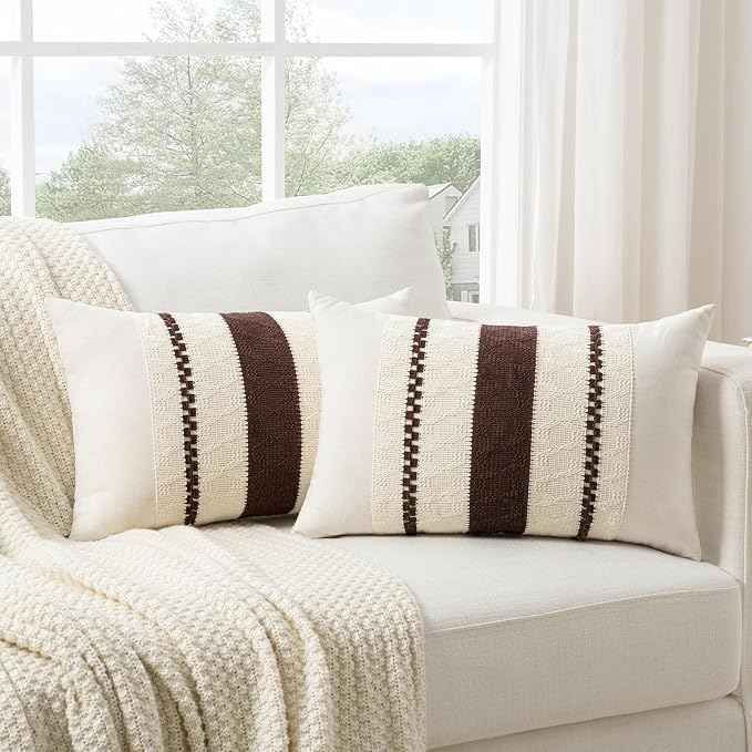 Fancy Homi Set of 1 Boho Brown Long Lumbar Decorative Throw Pillow Cover 16x24 Inch for Couch Bed Sofa Chair, Modern Organic Farmhouse Home Decor, Soft Cotton Cute Accent Rectangle Cushion Case