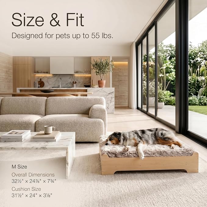 Elevated Wood Dog Bed Frame with Foam Mattress, WoodPattern, M | Raised Dog Bed with Washable Cover, Furniture-Style Design for Indoor Living