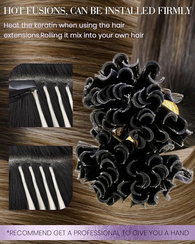 LaaVoo K Tip Hair Extensions Real Human Hair Balayage Brown Utip Hair Extensions Human Hair Ombre Dark Brown to Chestnut Brown with Ash Brown Pre Bonded 50g/s 14inch