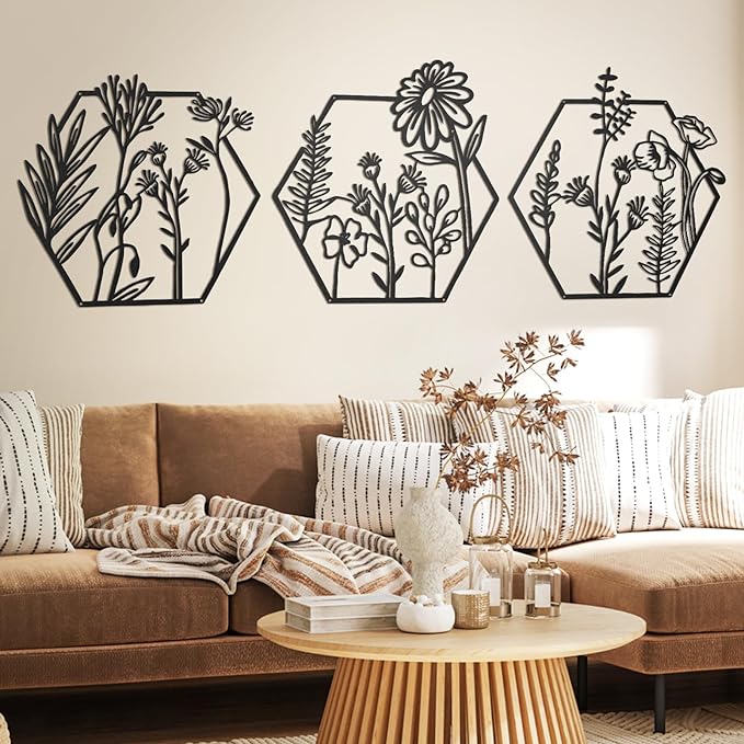 Peryiter 3 Pcs Metal Flower Wall Decor Minimalist Floral Wall Hanging Decor Floral Metal Rustic Flower Art for Summer Living Room Bathroom Kitchen Indoor Outdoor(Black)