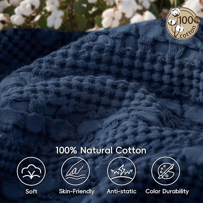 PHF 100% Cotton Waffle Blanket Twin Size, Lightweight Breathable Summer Blanket for Hot Sleepers, Pre-Washed Soft Layer for Bed, Dorm, Couch & Guest Room, Home Decor Gift, 66"x90", Blue Sapphire